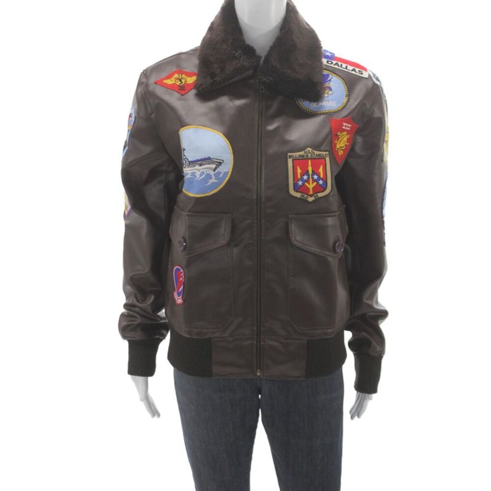 Designer Mens Bomber Jacket Brown Zip Synthetic Military Size S